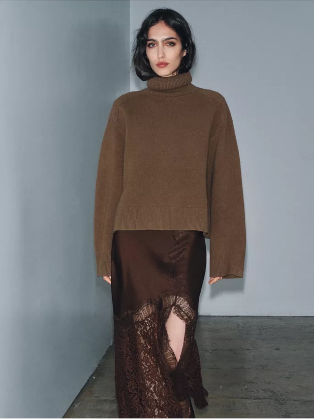 NWOT. Zara ZW Collection Brown High-waist Satin Midi Skirt with Lace. Size S. - Picture 2 of 14